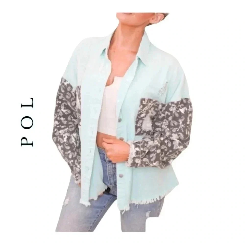 0787. POL PAISLEY‎ PRINT DISTRESSED DENIM JEAN JACKET SIZE LARGE AQUA/NAVY BLUE